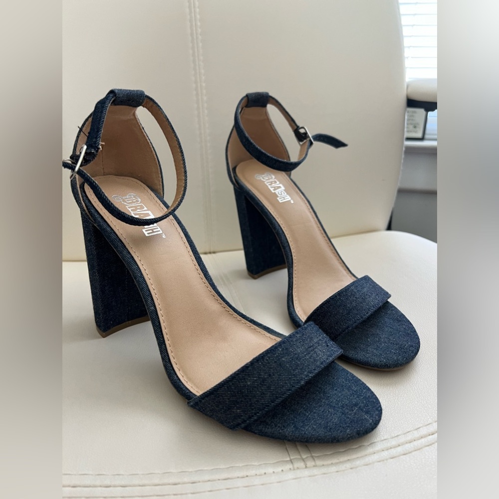Brash denim jean block heels 7.5